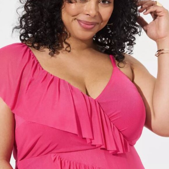 Hot Pink Fuschia Midi Mesh Ruffle Surplice Dress Torrid size 3x - Picture 3 of 5